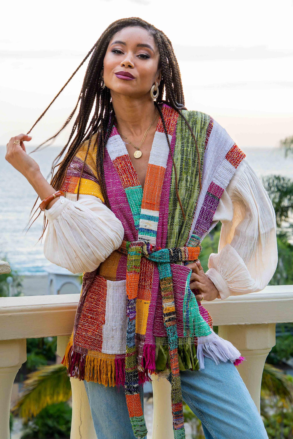 Colorful Patchwork Kimono with Tassel Belt