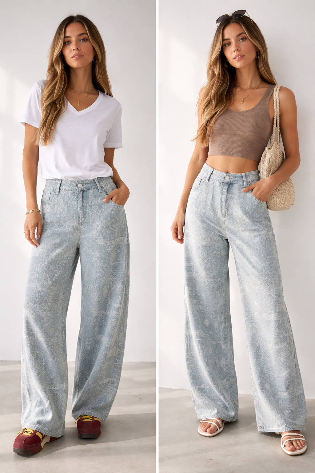 Printed Wide-Leg Denim Jeans