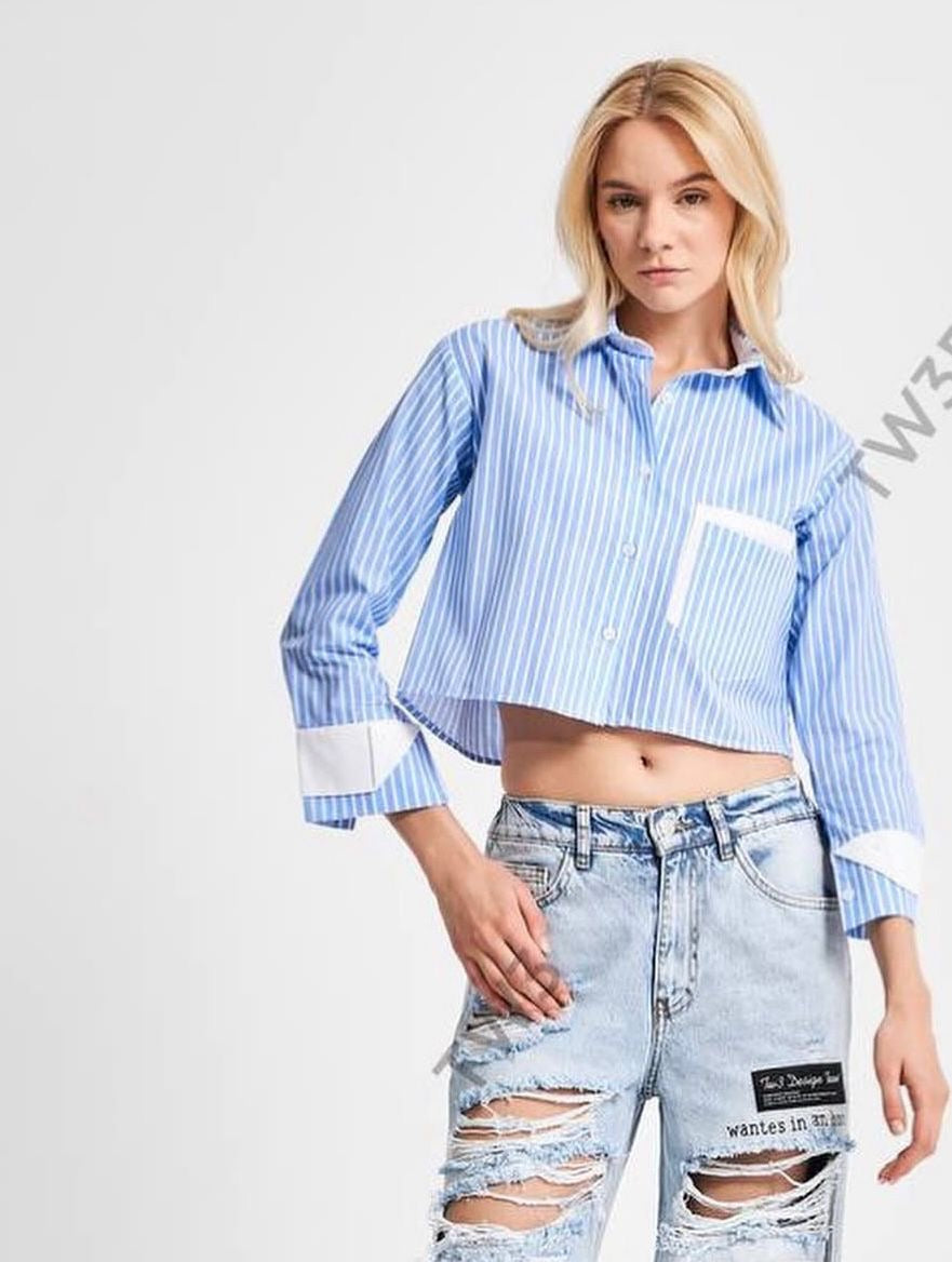 Striped Cropped Button-Down Shirt