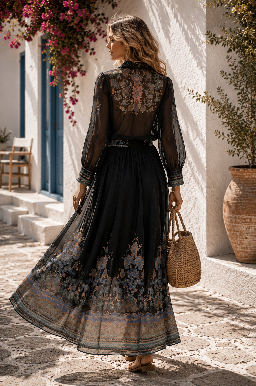 Midnight Garden Chiffon Blouse & Maxi Skirt Set