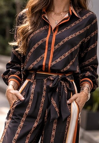 Chain Print Shirt & Palazzo Pants Co-Ord Set - Black & Coral