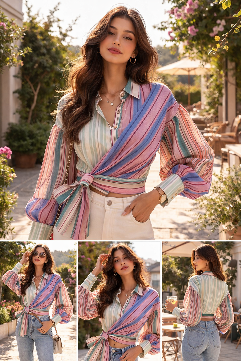 Multi-Stripe Wrap Tie Shirt