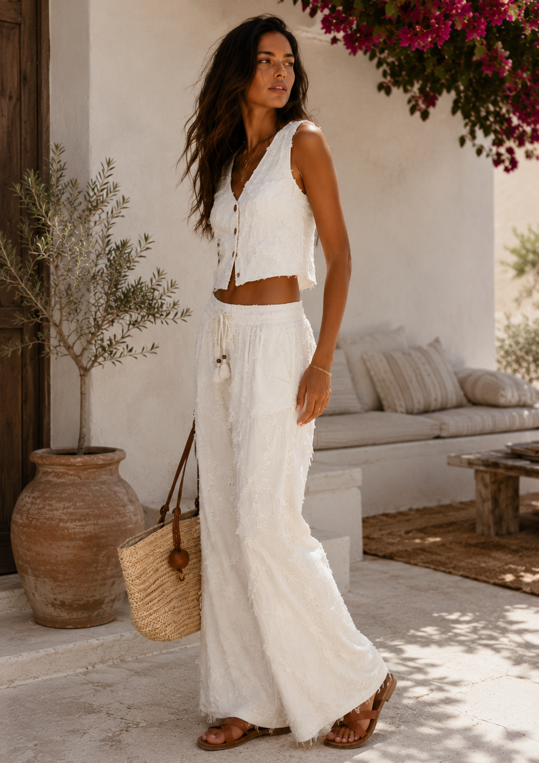 Tribal Linen Fringe Vest & Pants Set