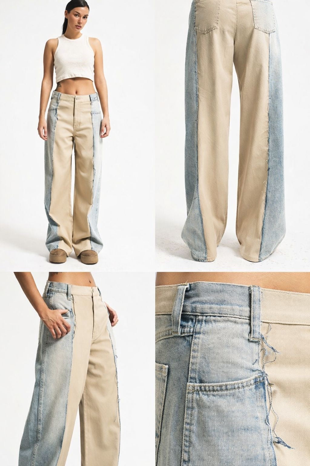 Beige & Denim Two-Tone Pants