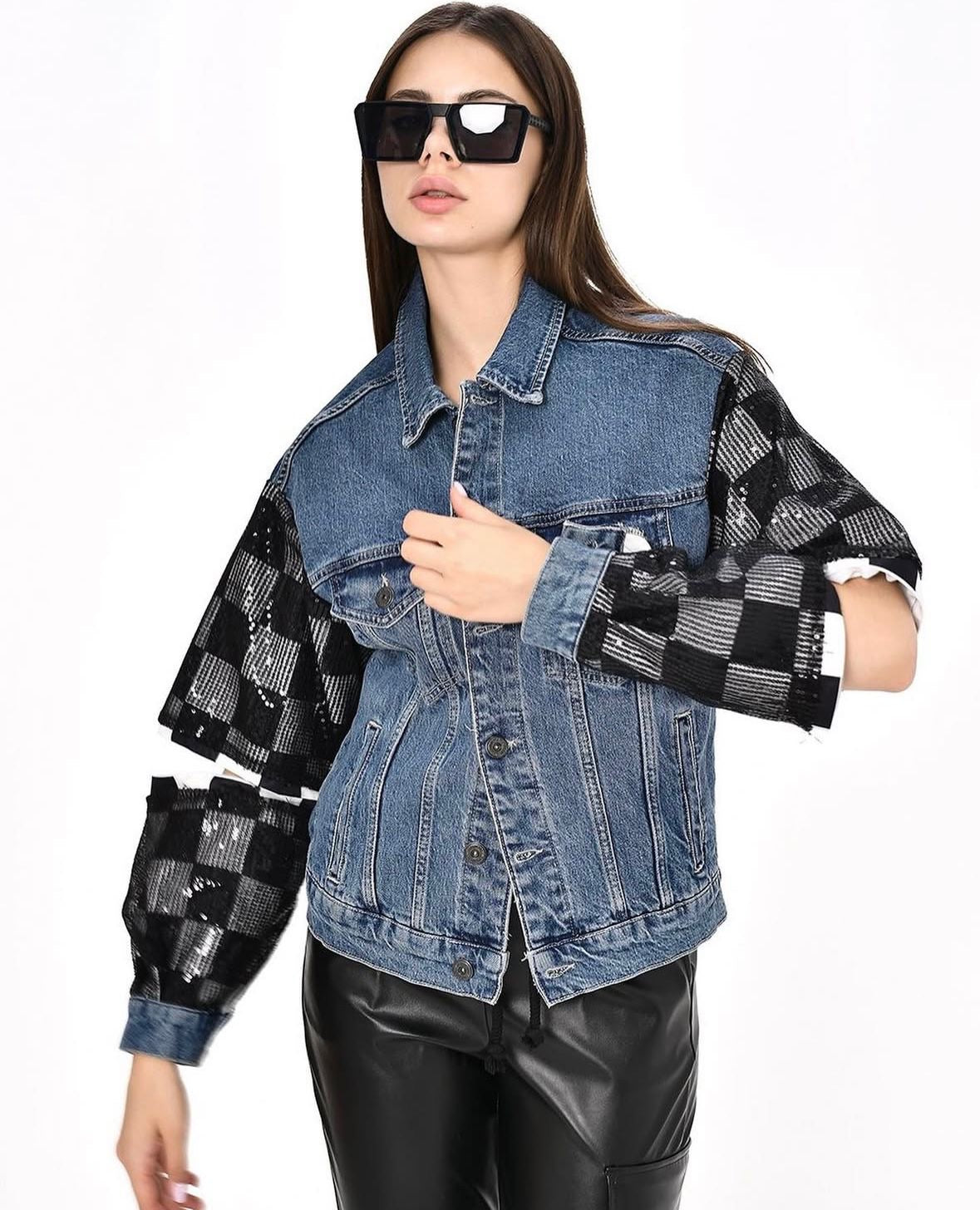 Plaid Sleeve Denim Jacket