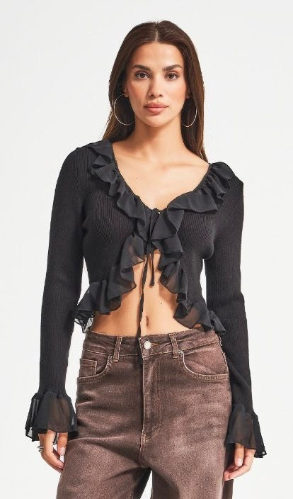 Black Ruffle Tie Cardigan