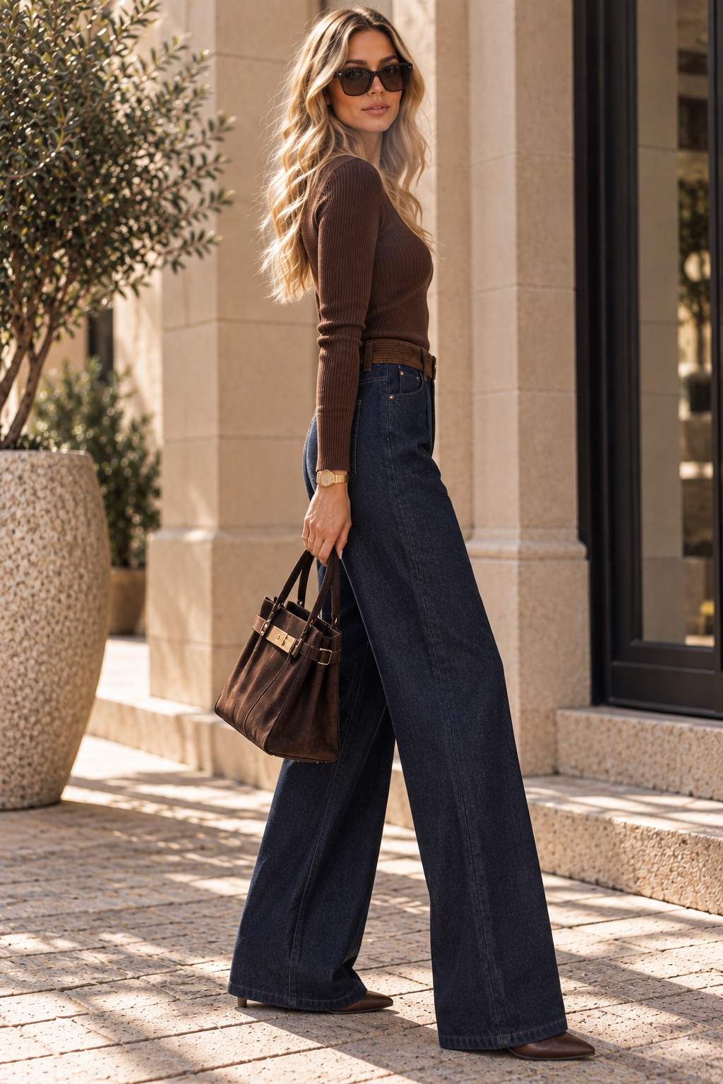 Dark Indigo Wide-Leg Jeans with Corduroy Waistband