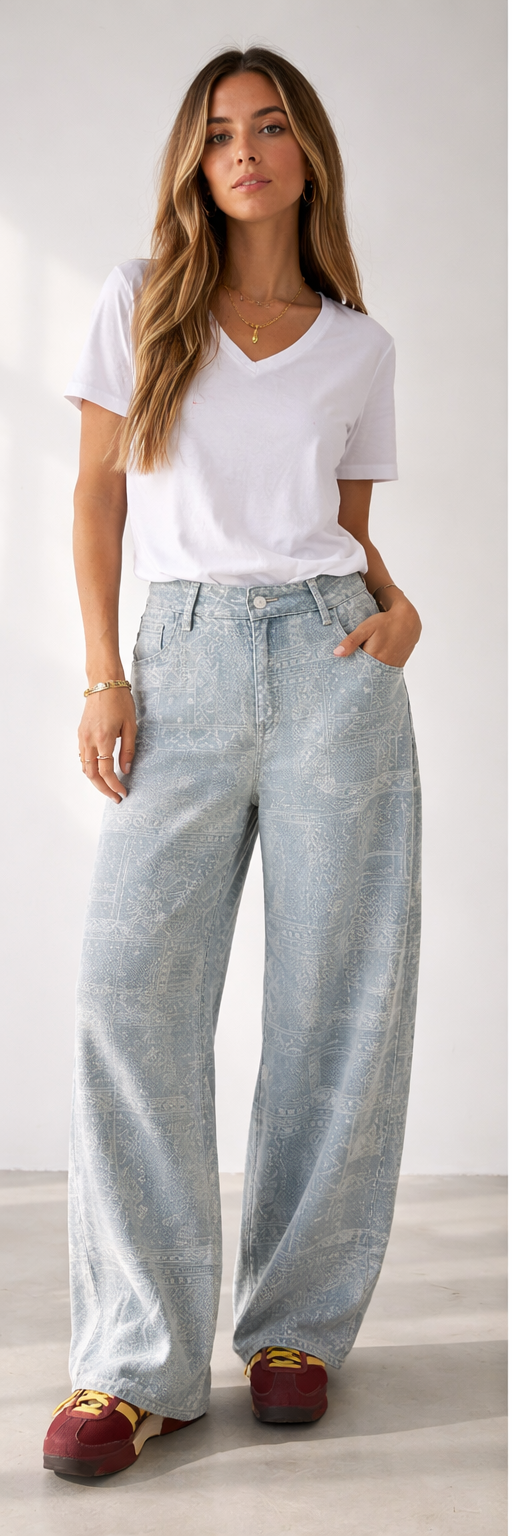 Printed Wide-Leg Denim Jeans