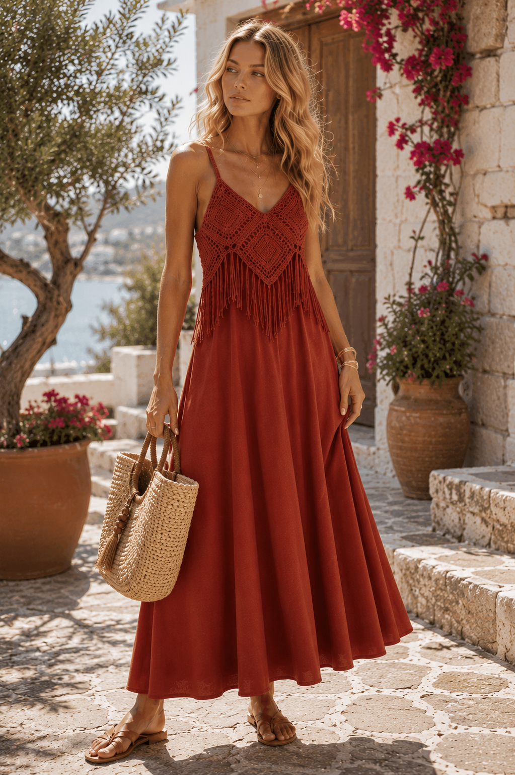 Santorini Crochet Fringe Dress