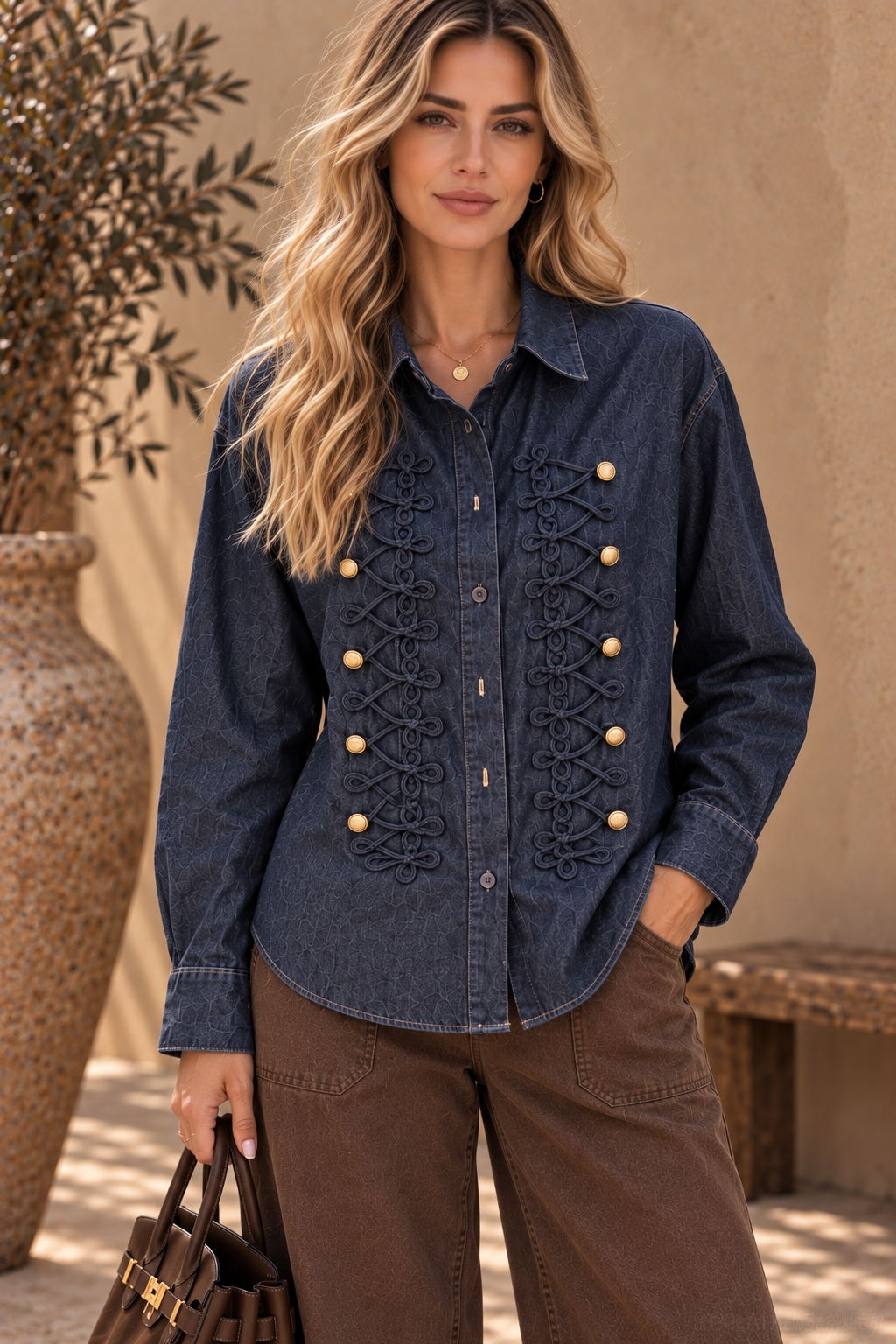 Braided Military Denim Shirt