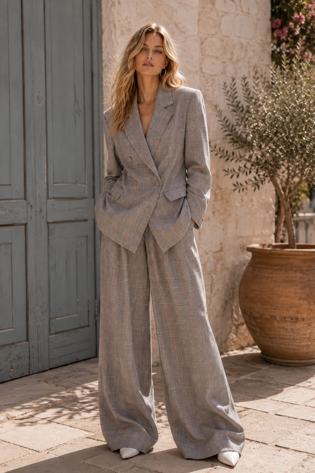 Grey Check Oversized Blazer & Wide-Leg Trousers Set