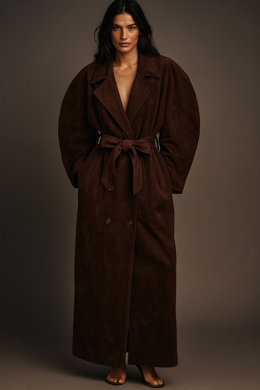 Suede Belted Trench Coat – Chocolate Brown