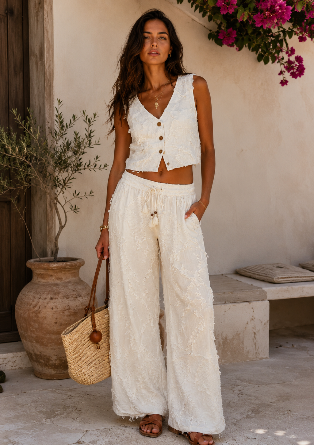 Tribal Linen Fringe Vest & Pants Set