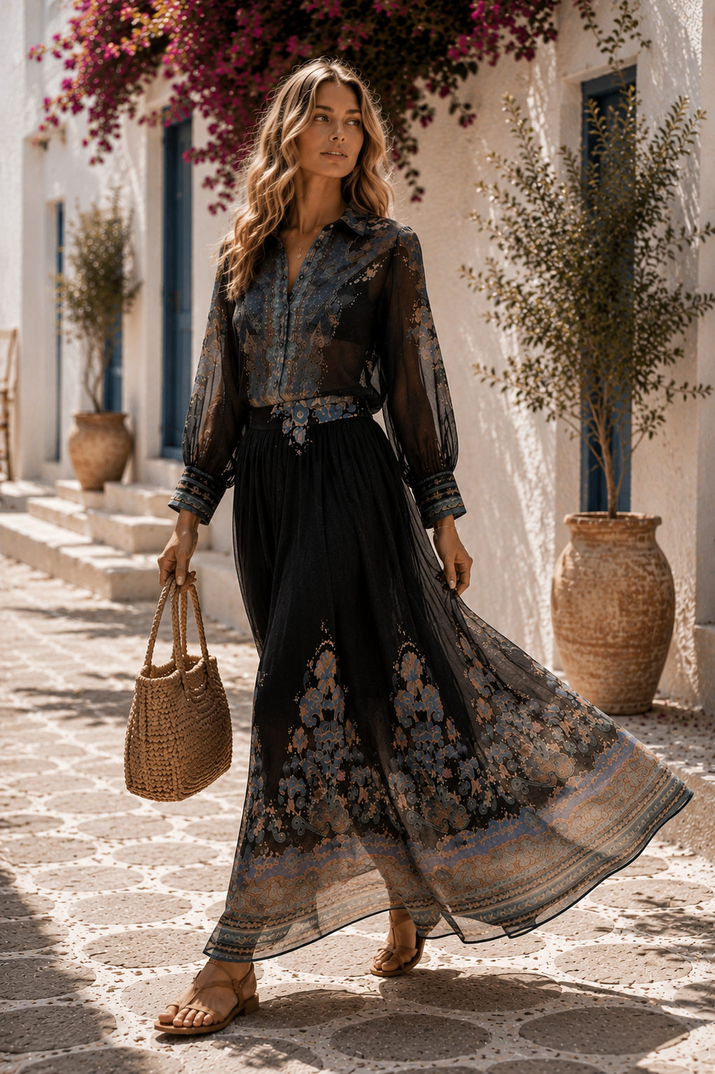 Midnight Garden Chiffon Blouse & Maxi Skirt Set