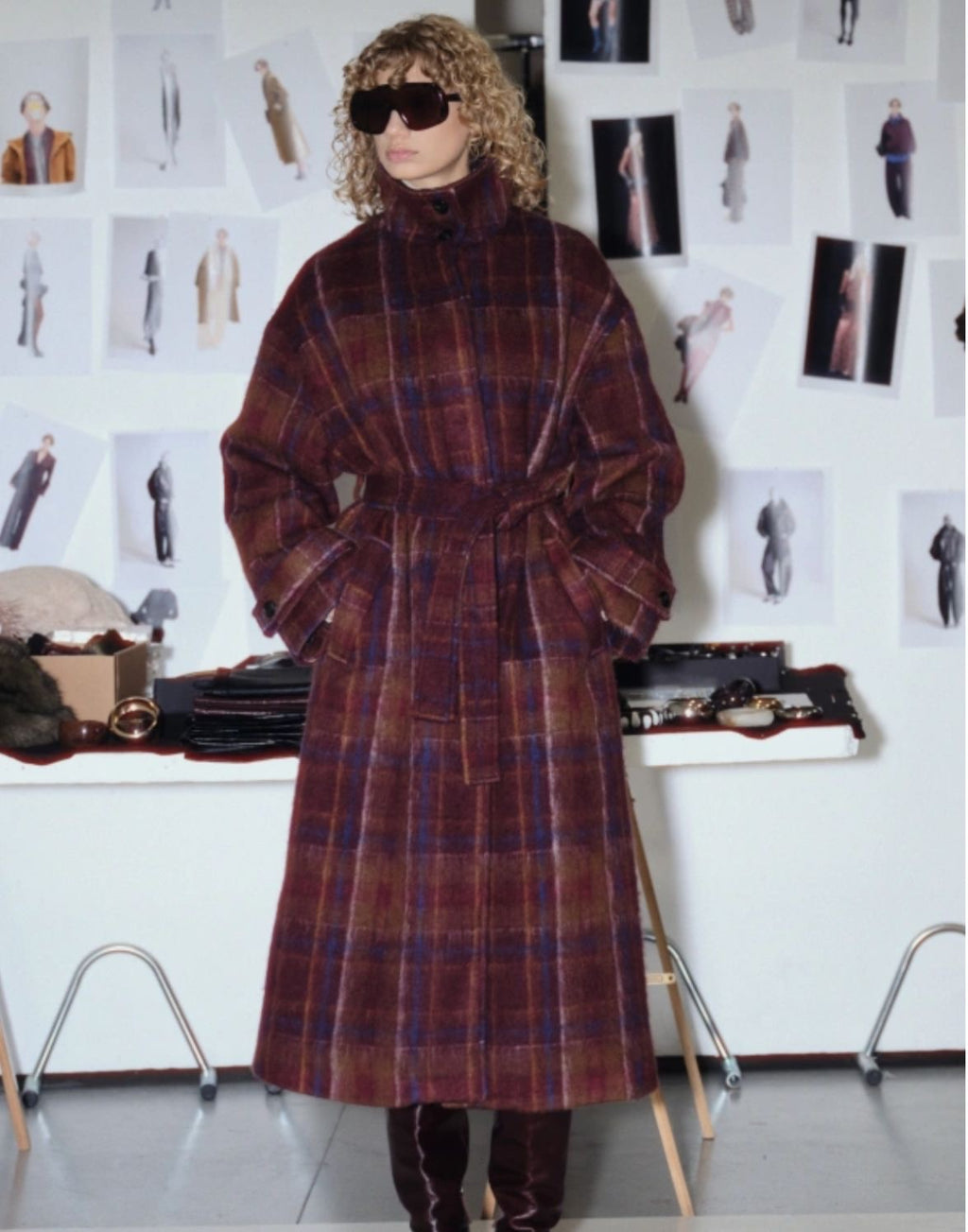 Burgundy & Navy Plaid Wool Coat
