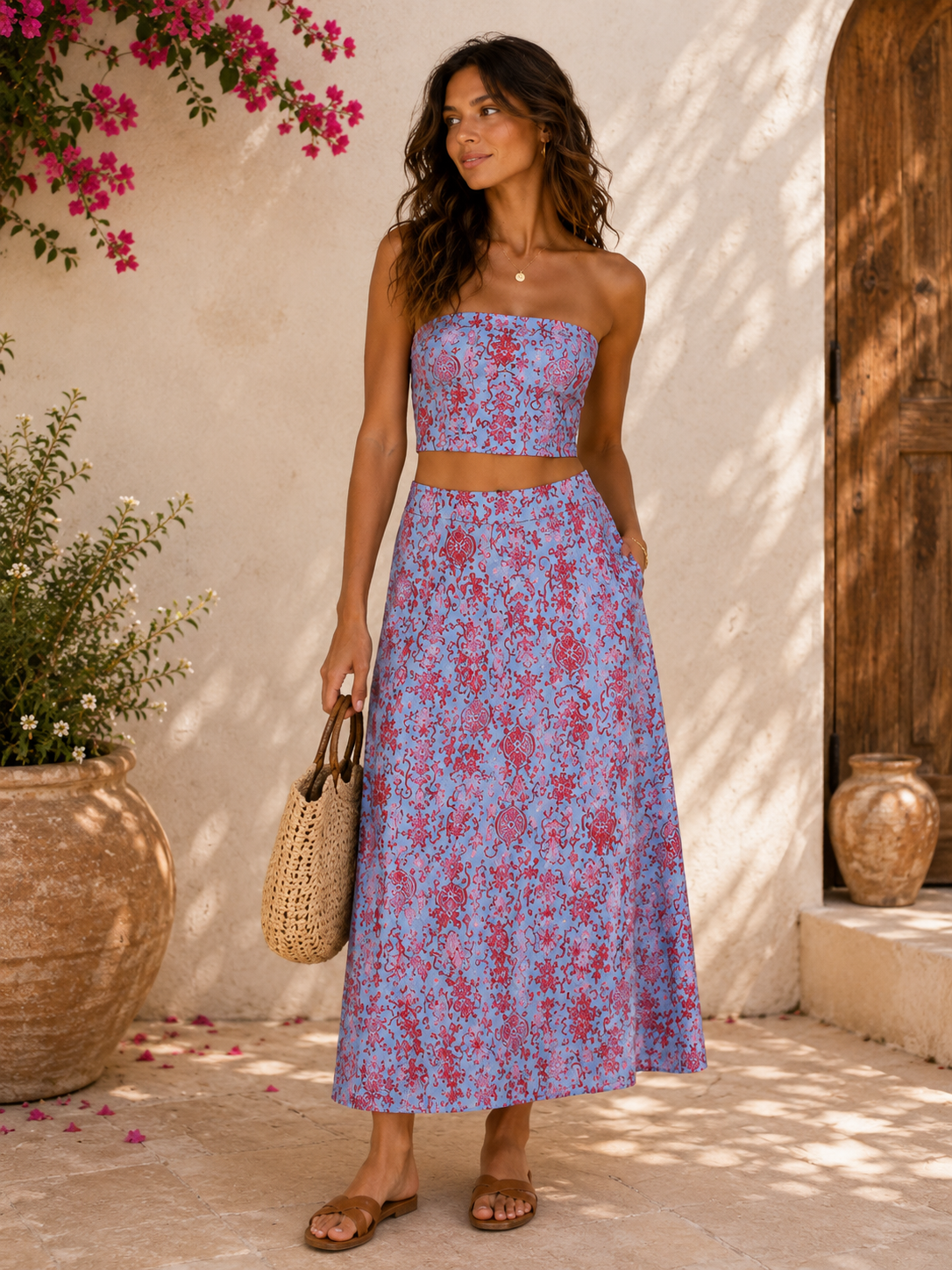 Floral & Pattern Tube Top and Skirt Set