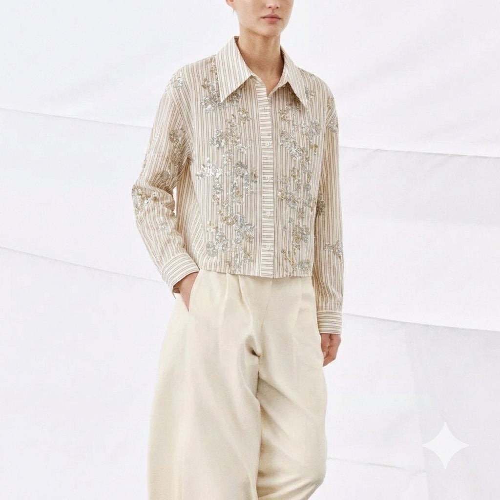 Beige Striped Emblem Shirt
