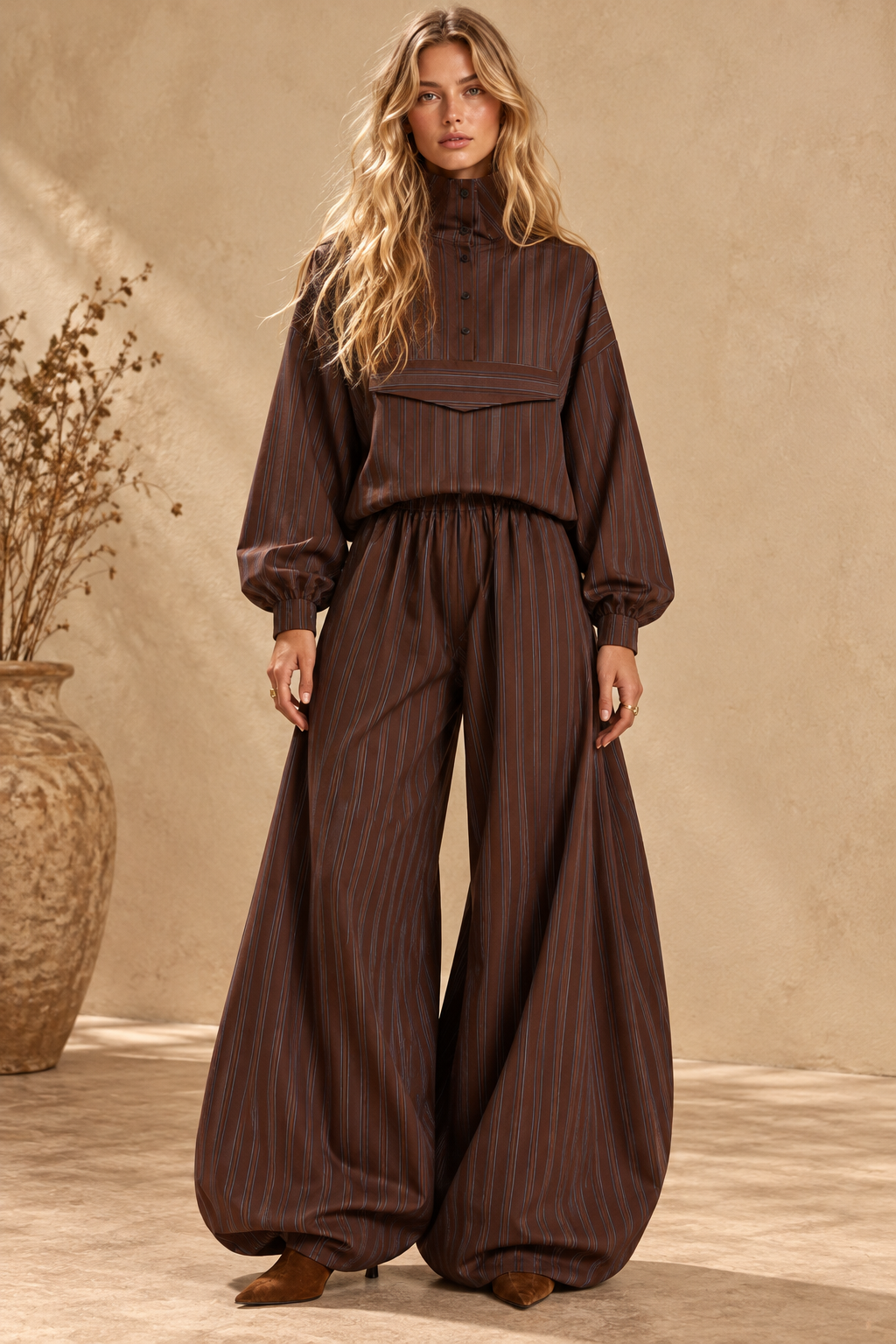 Chocolate Pinstripe Balloon-Sleeve Trouser Set