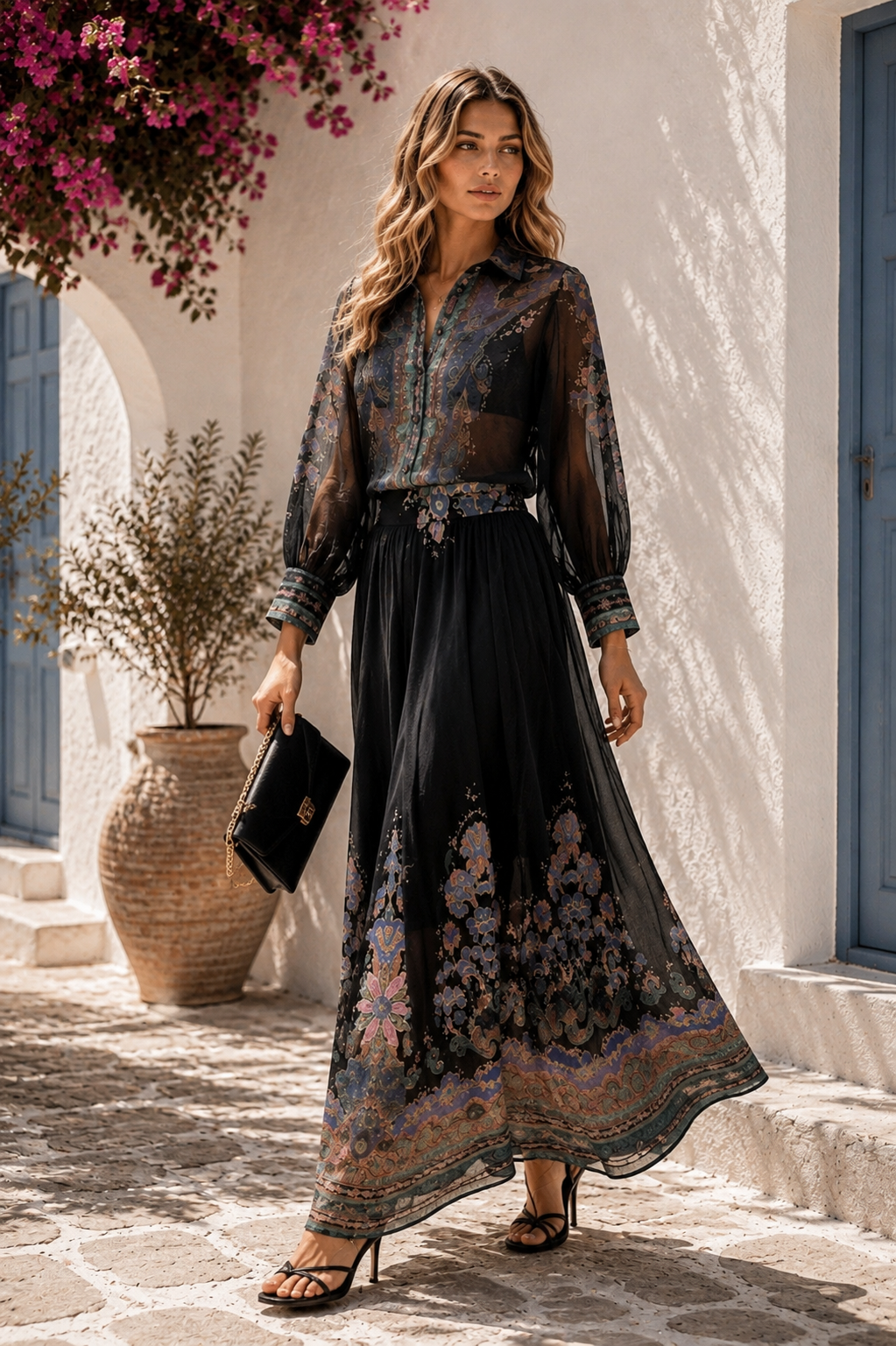 Midnight Garden Chiffon Blouse & Maxi Skirt Set