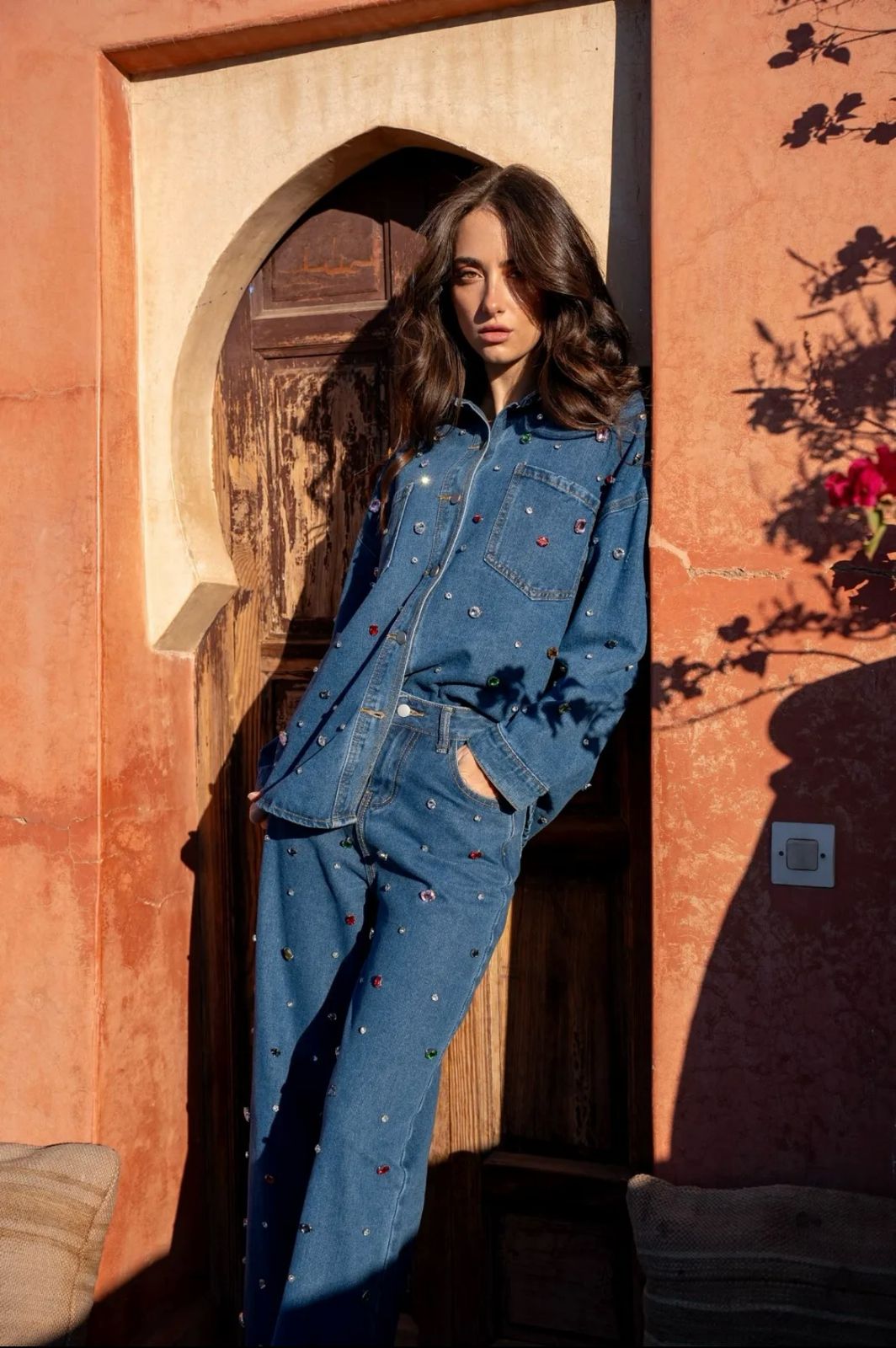 Gem-Embellished Denim Pants