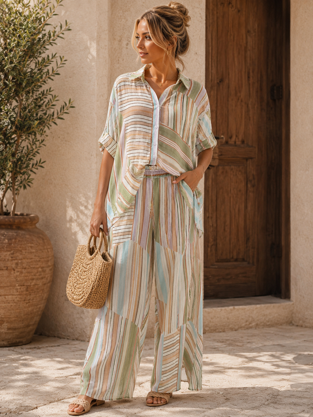 Green Stripes Linen Set