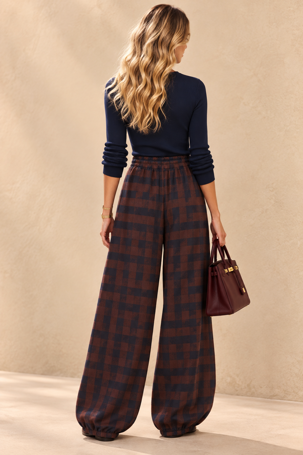 Burgundy Plaid Wide-Leg Trousers