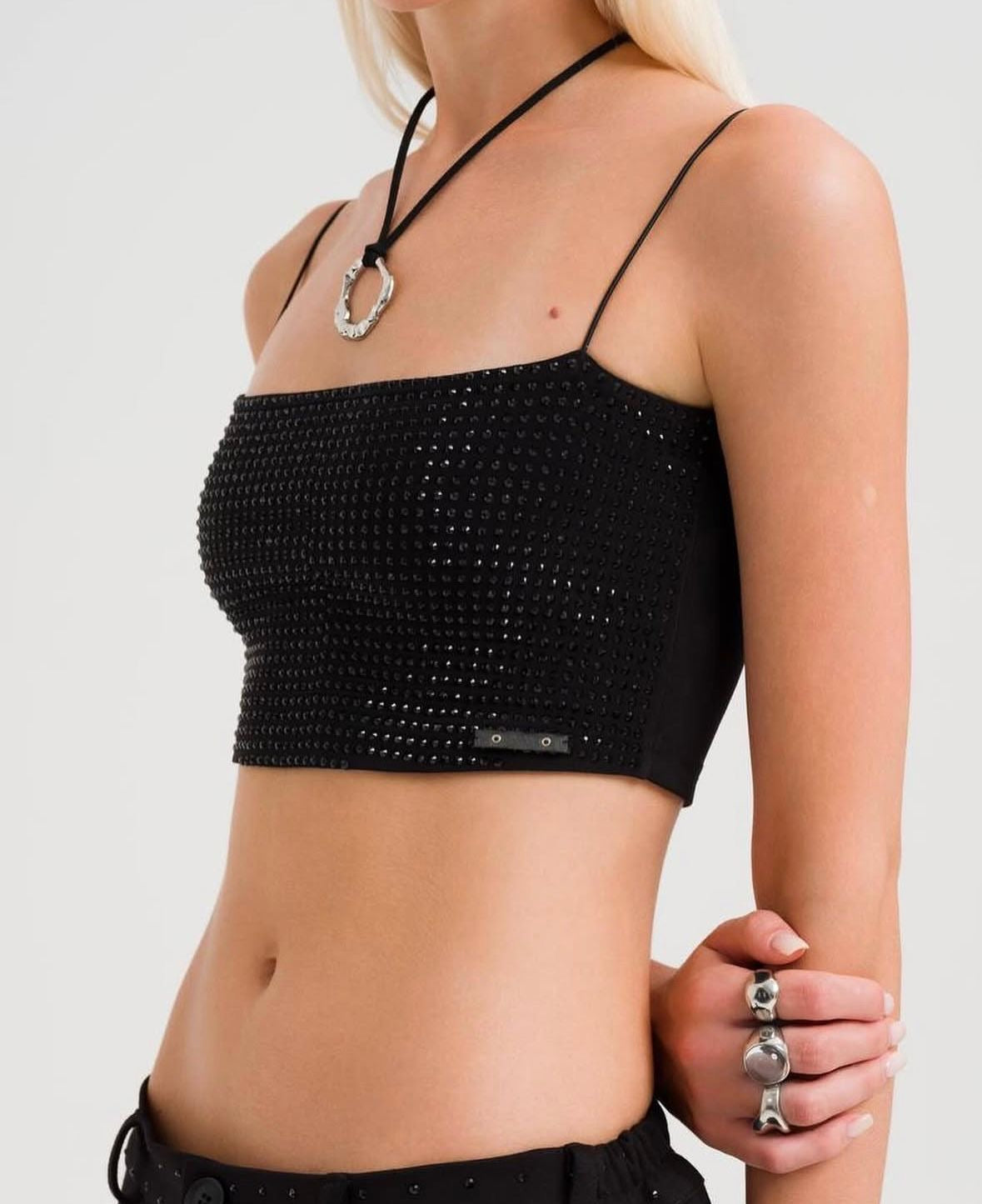 Crystal Detail Halter Crop Top – Black