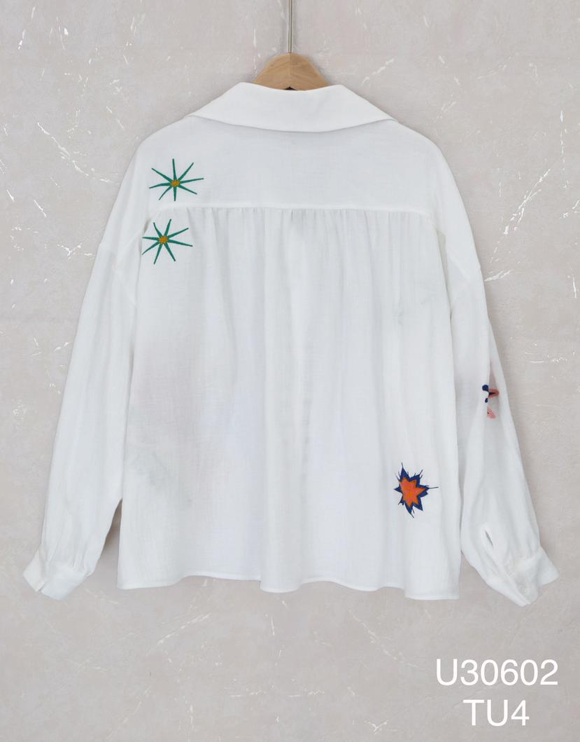 White Embroidered Parrot Shirt