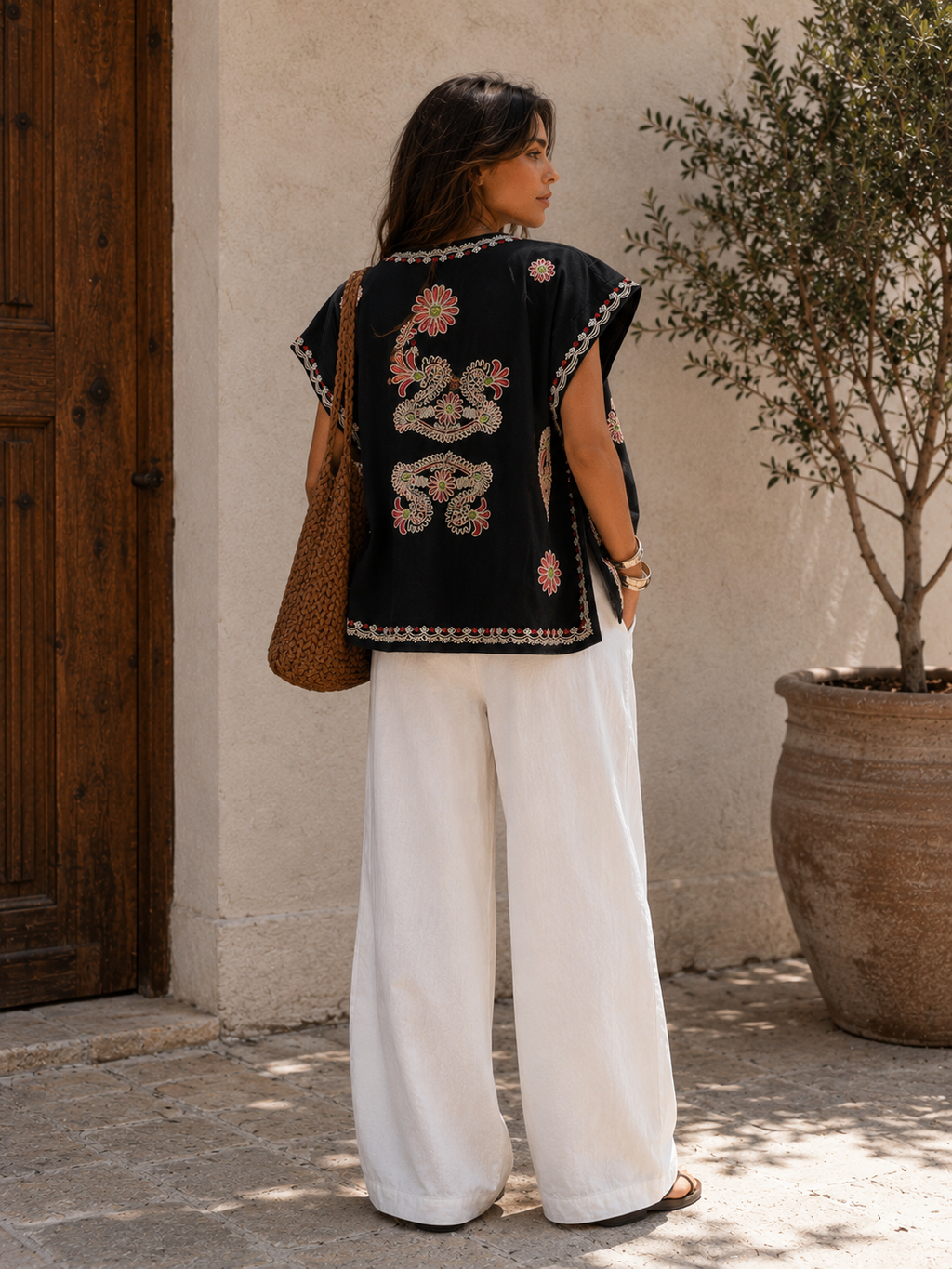 Embroidered Black Vest with Floral Details
