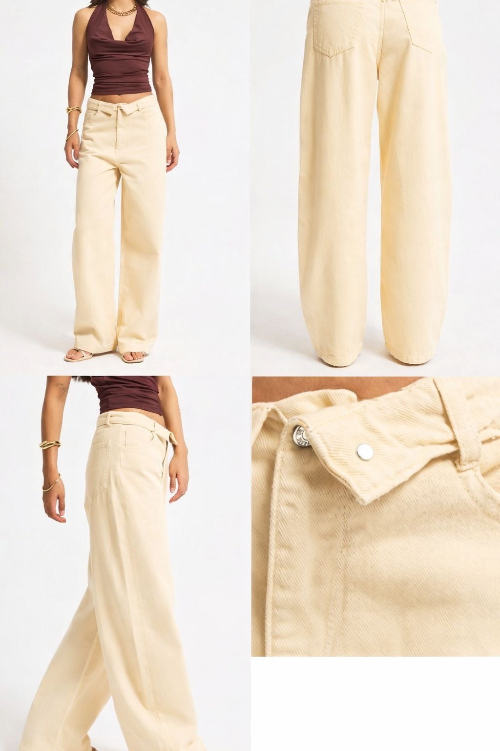 Beige Denim Turned-Hem Pants