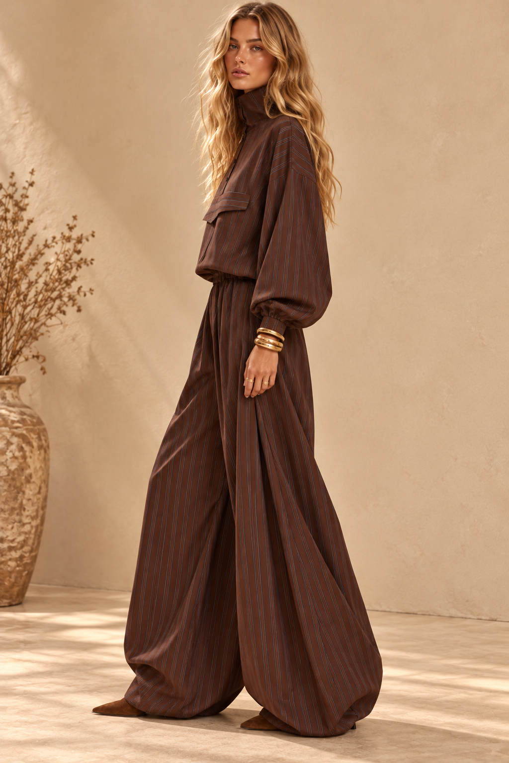 Chocolate Pinstripe Balloon-Sleeve Trouser Set
