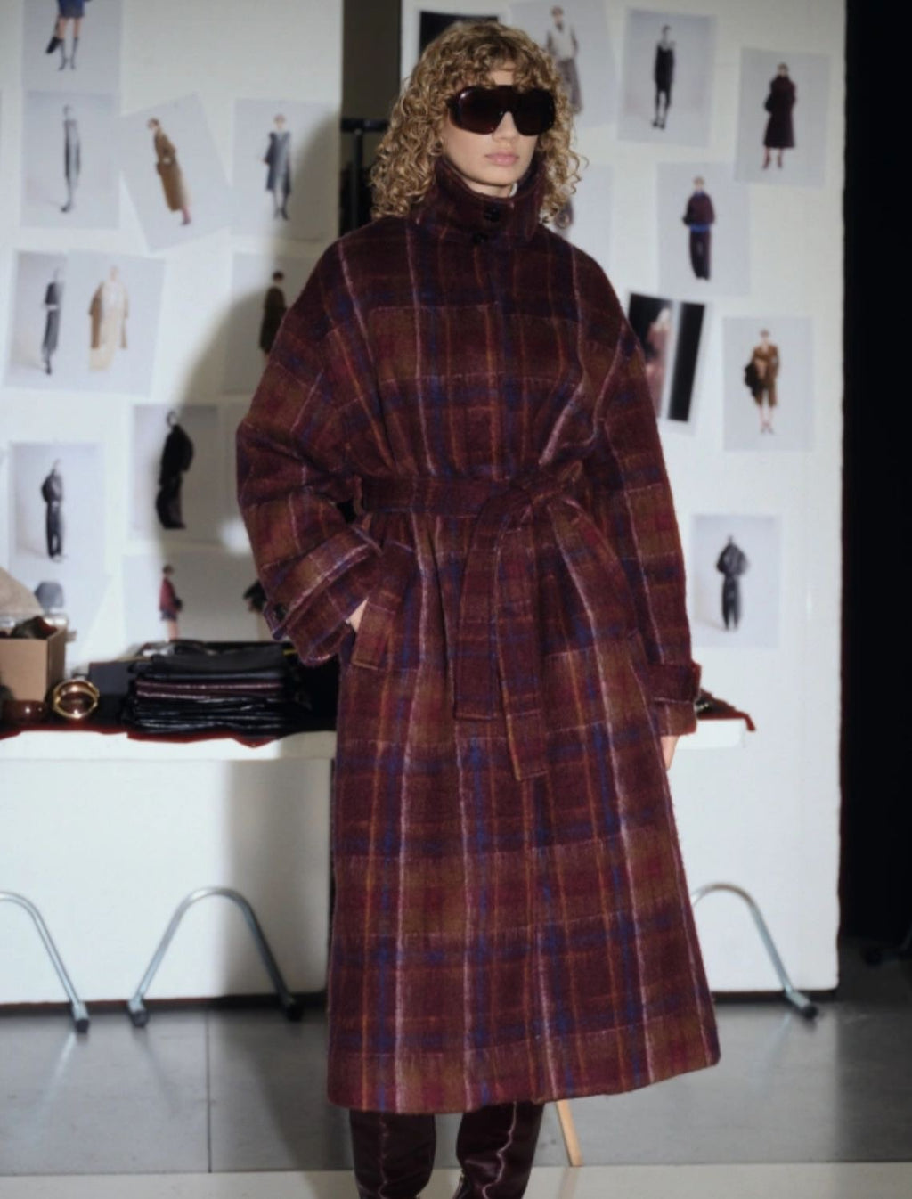 Burgundy & Navy Plaid Wool Coat