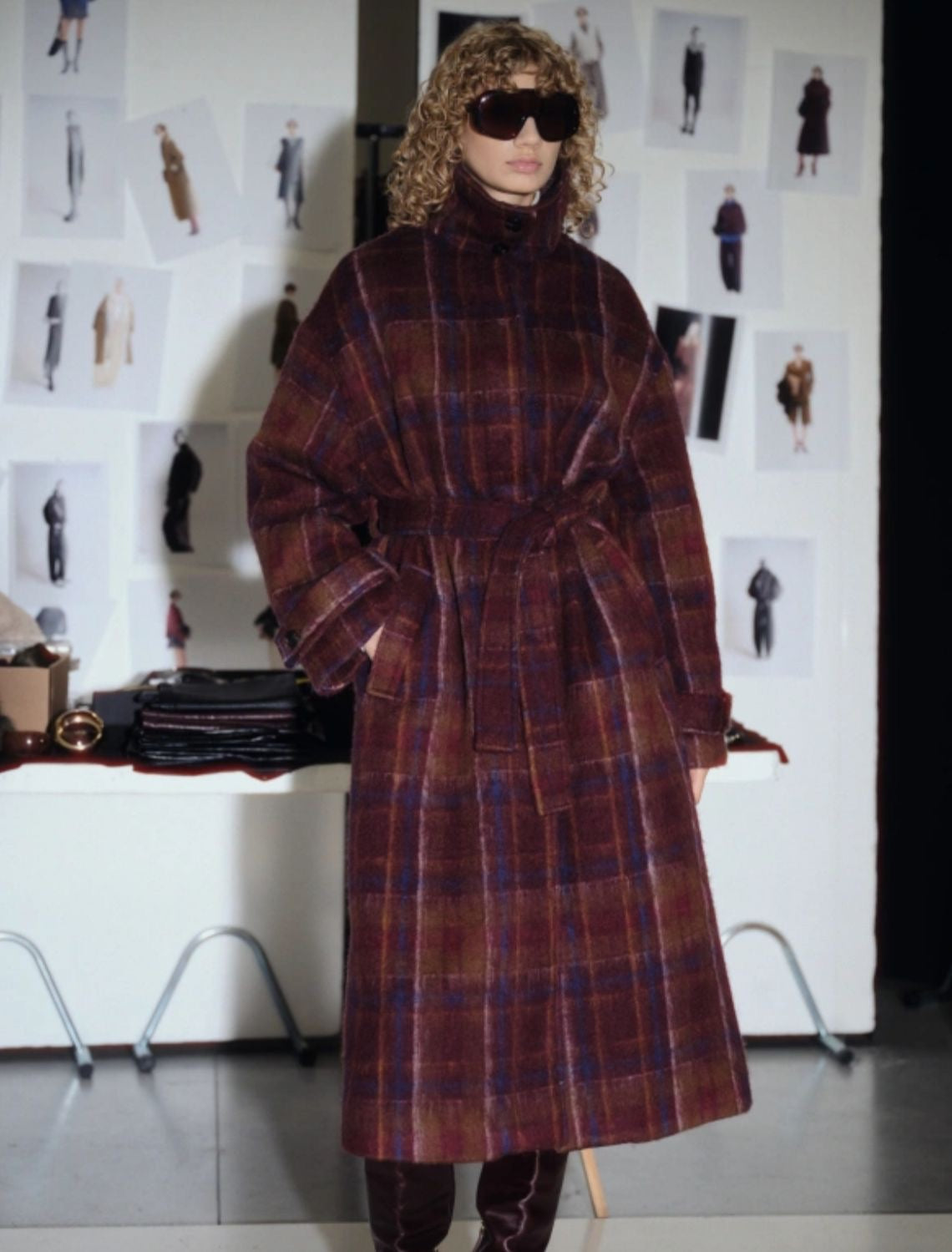 Burgundy & Navy Plaid Wool Coat