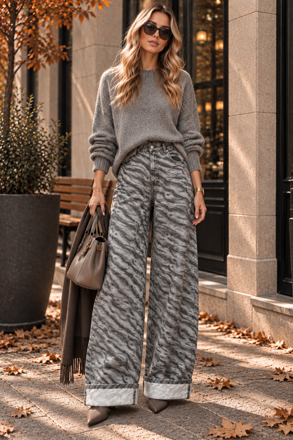 Grey Zebra Wide-Leg Jeans