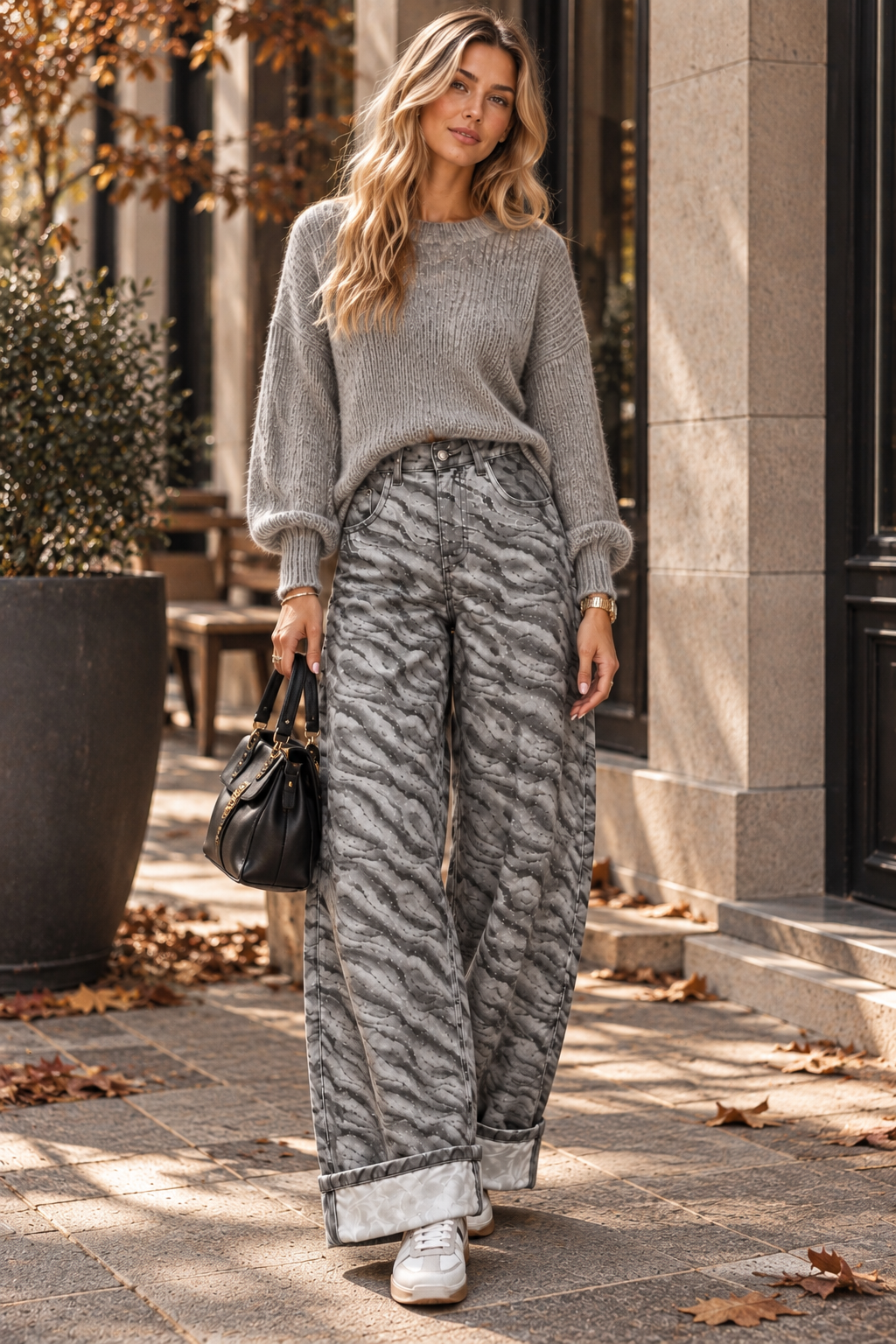 Grey Zebra Wide-Leg Jeans