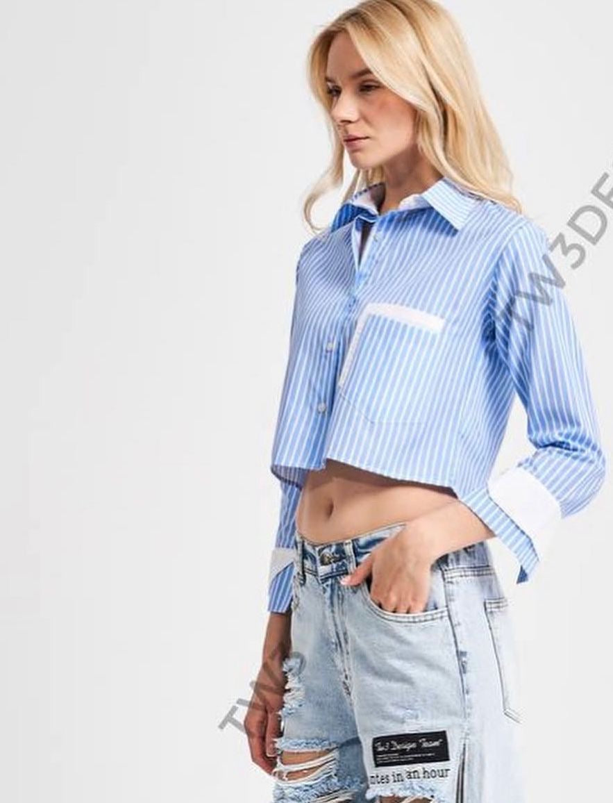 Striped Cropped Button-Down Shirt