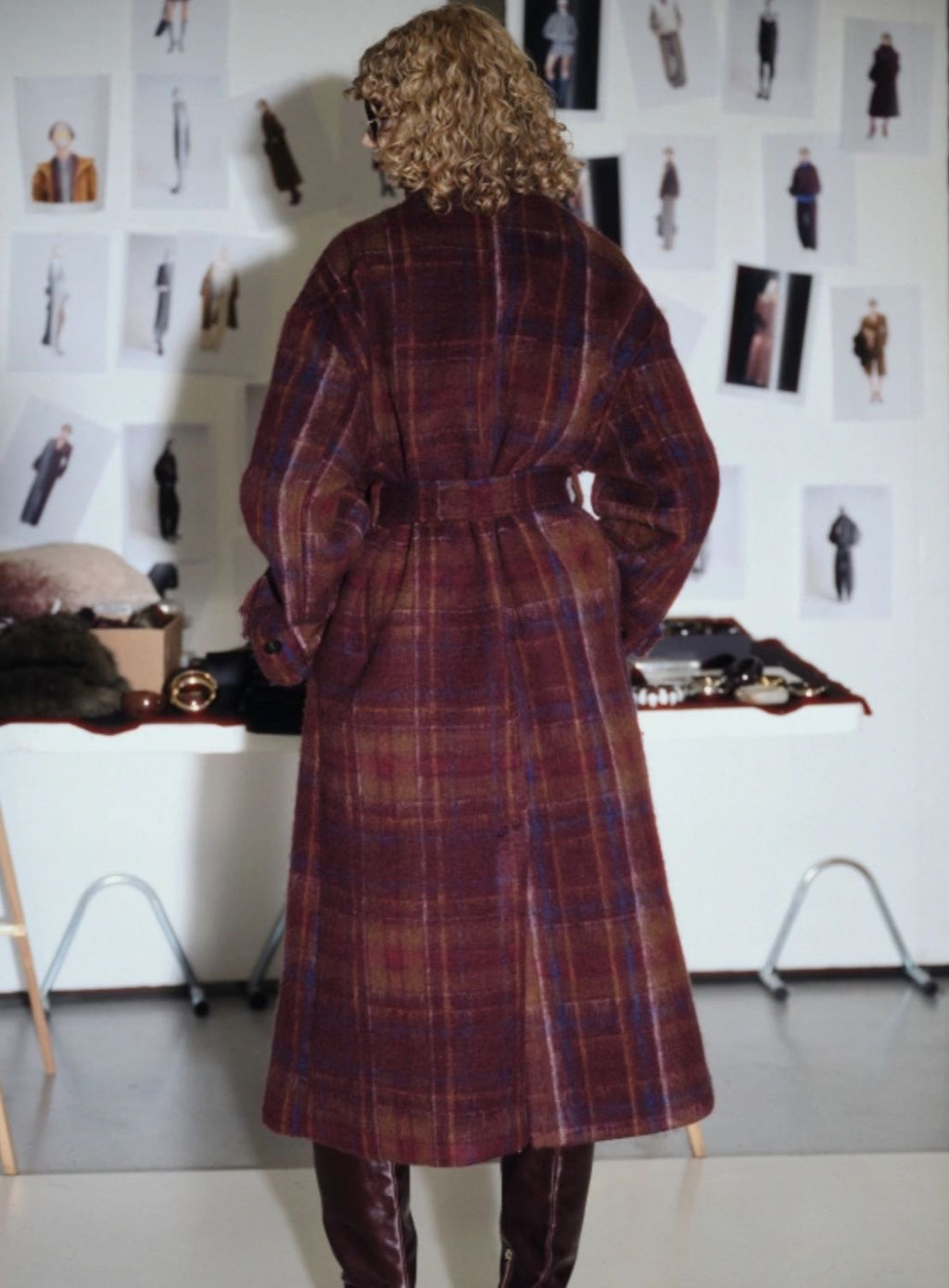 Burgundy & Navy Plaid Wool Coat