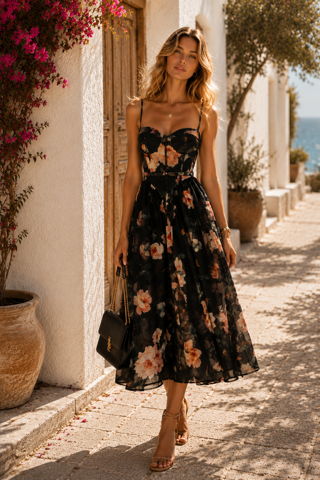 Noir Bloom Midi Dress