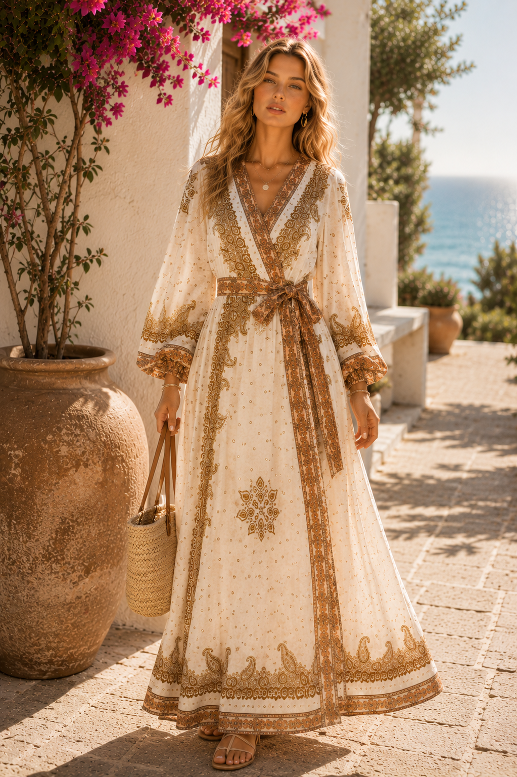Ivory Paisley Border Modest Wrap Maxi Dress