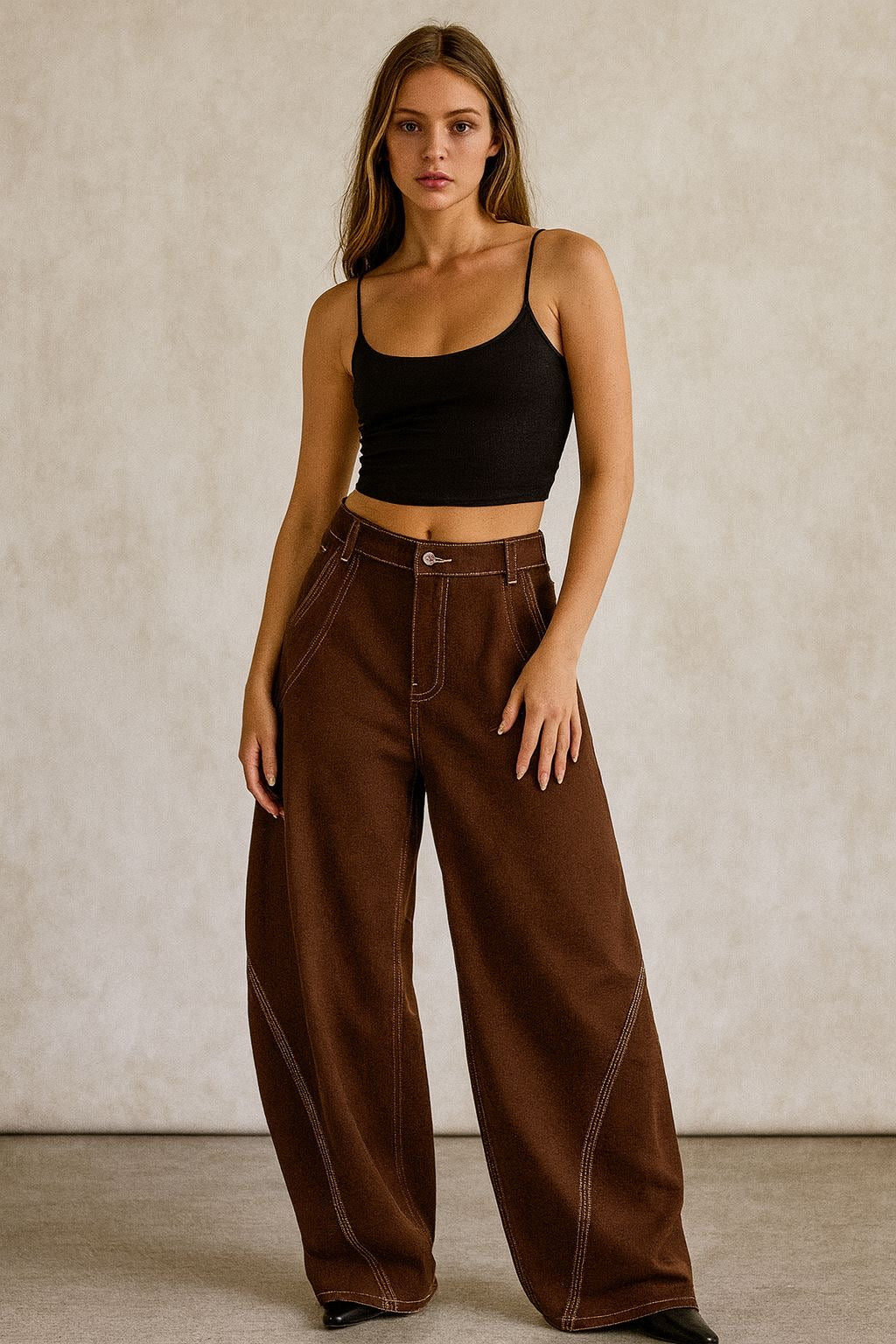 Chocolate Contrast-Stitch Wide-Leg Pants