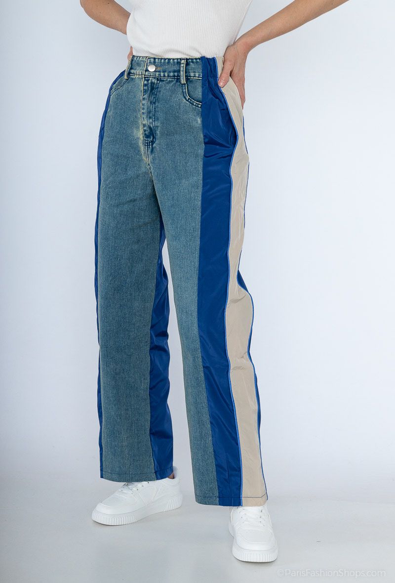 Contrast Wide-Leg Denim Pants