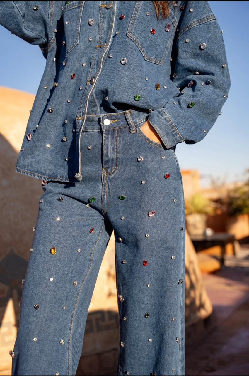 Gem-Embellished Denim Pants