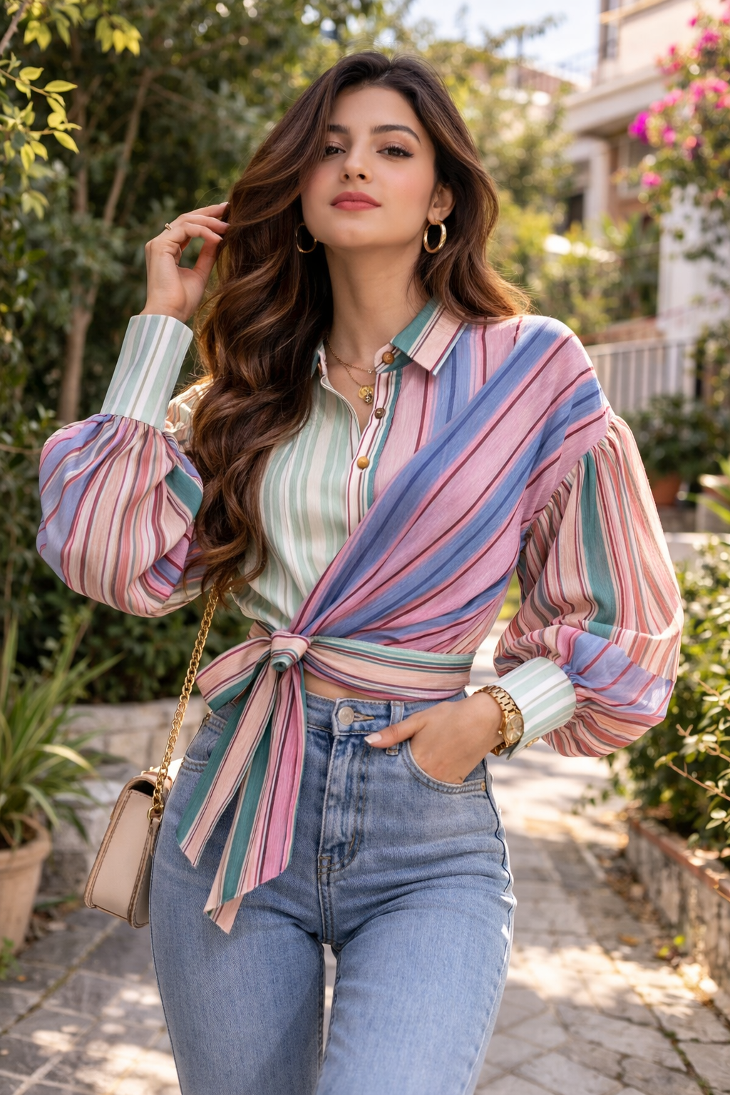 Multi-Stripe Wrap Tie Shirt