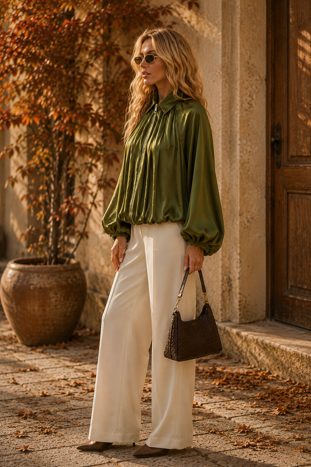 Olive Satin Pleated Zip Blouse