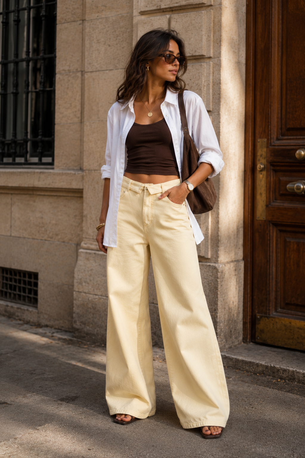 Beige Denim Turned-Hem Pants