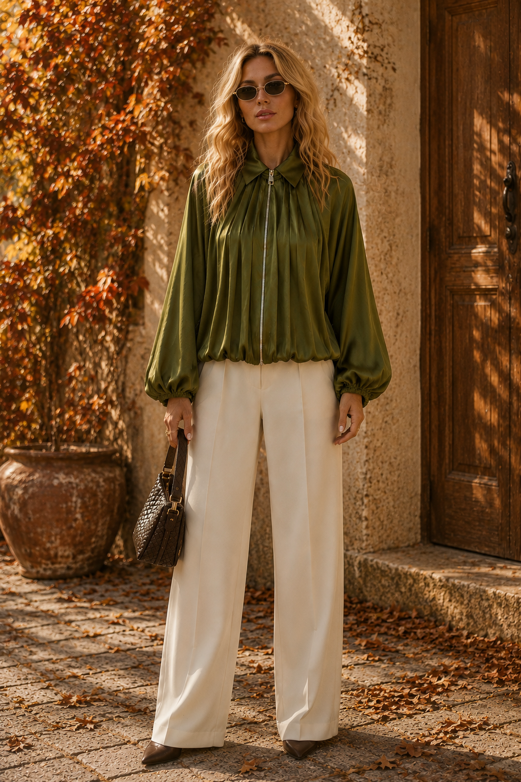 Olive Satin Pleated Zip Blouse