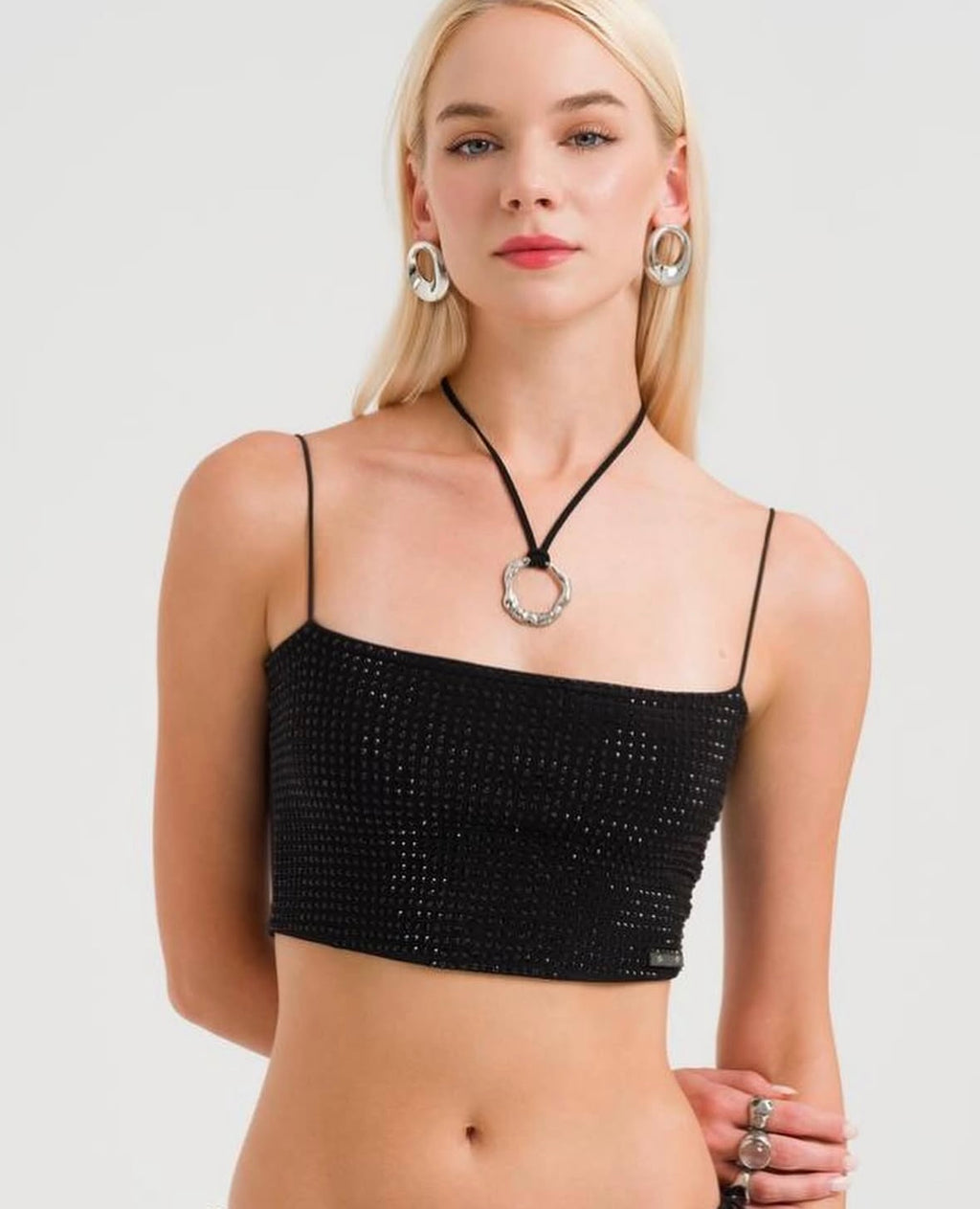 Crystal Detail Halter Crop Top – Black