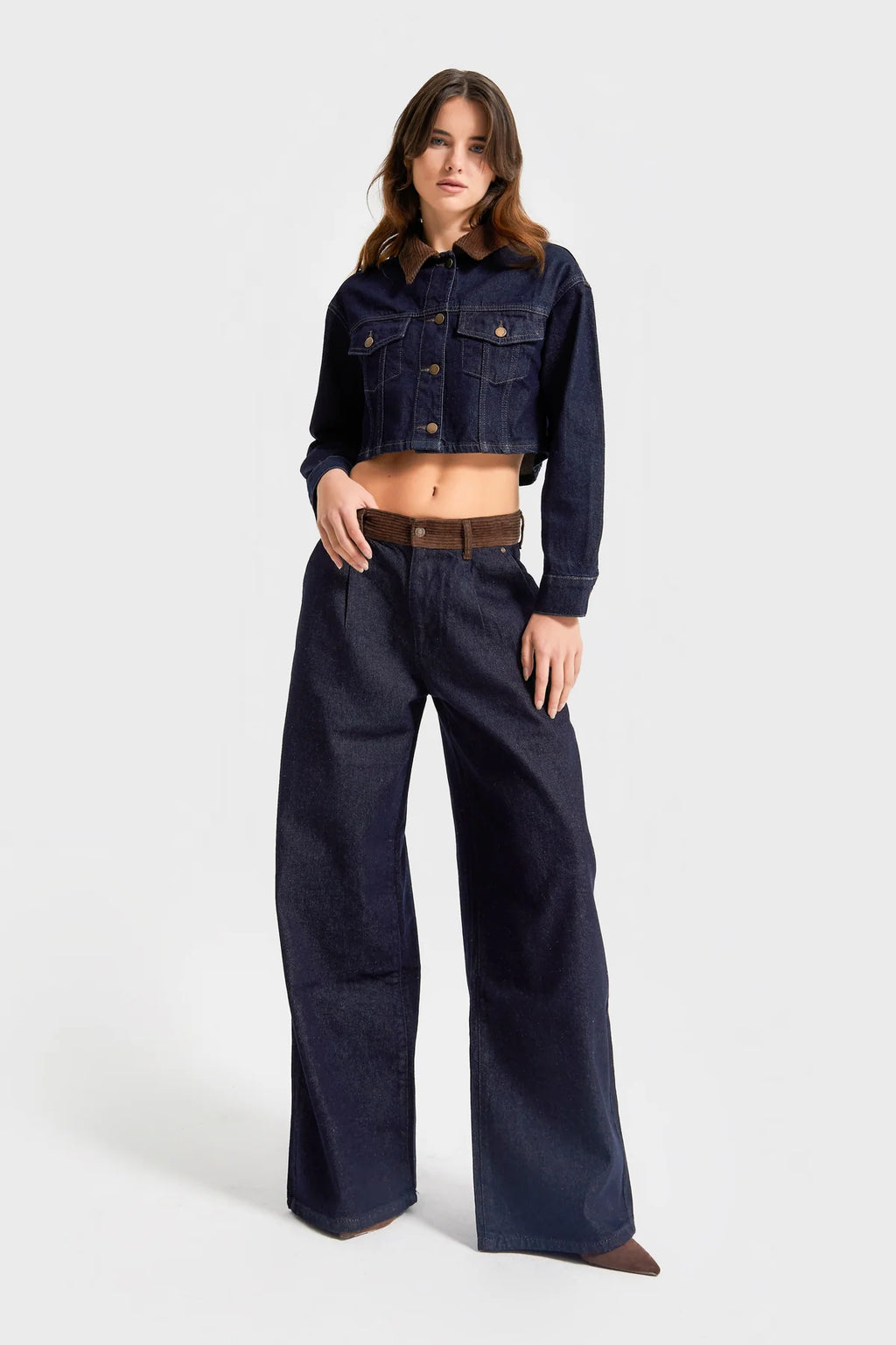 Dark Indigo Wide-Leg Jeans with Corduroy Waistband
