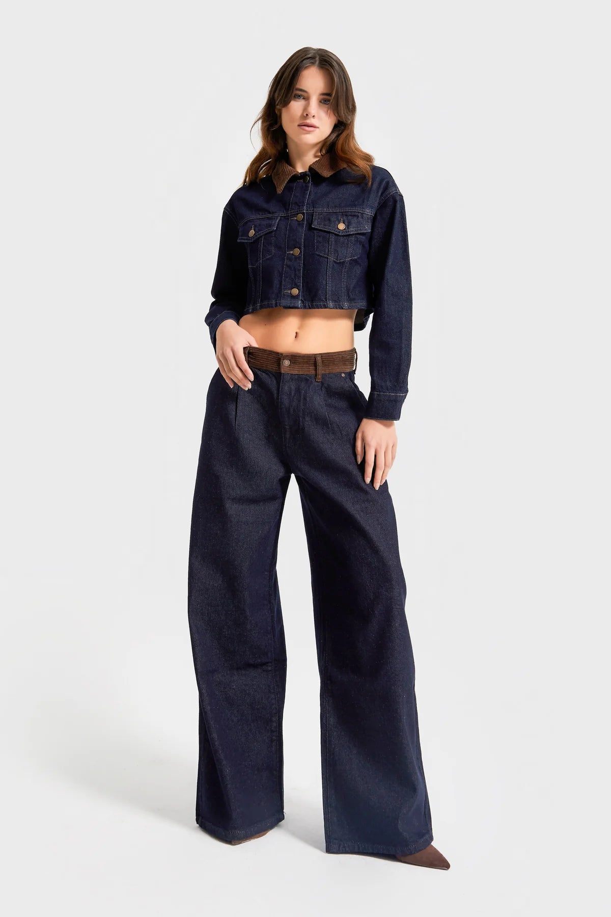 Dark Indigo Wide-Leg Jeans with Corduroy Waistband