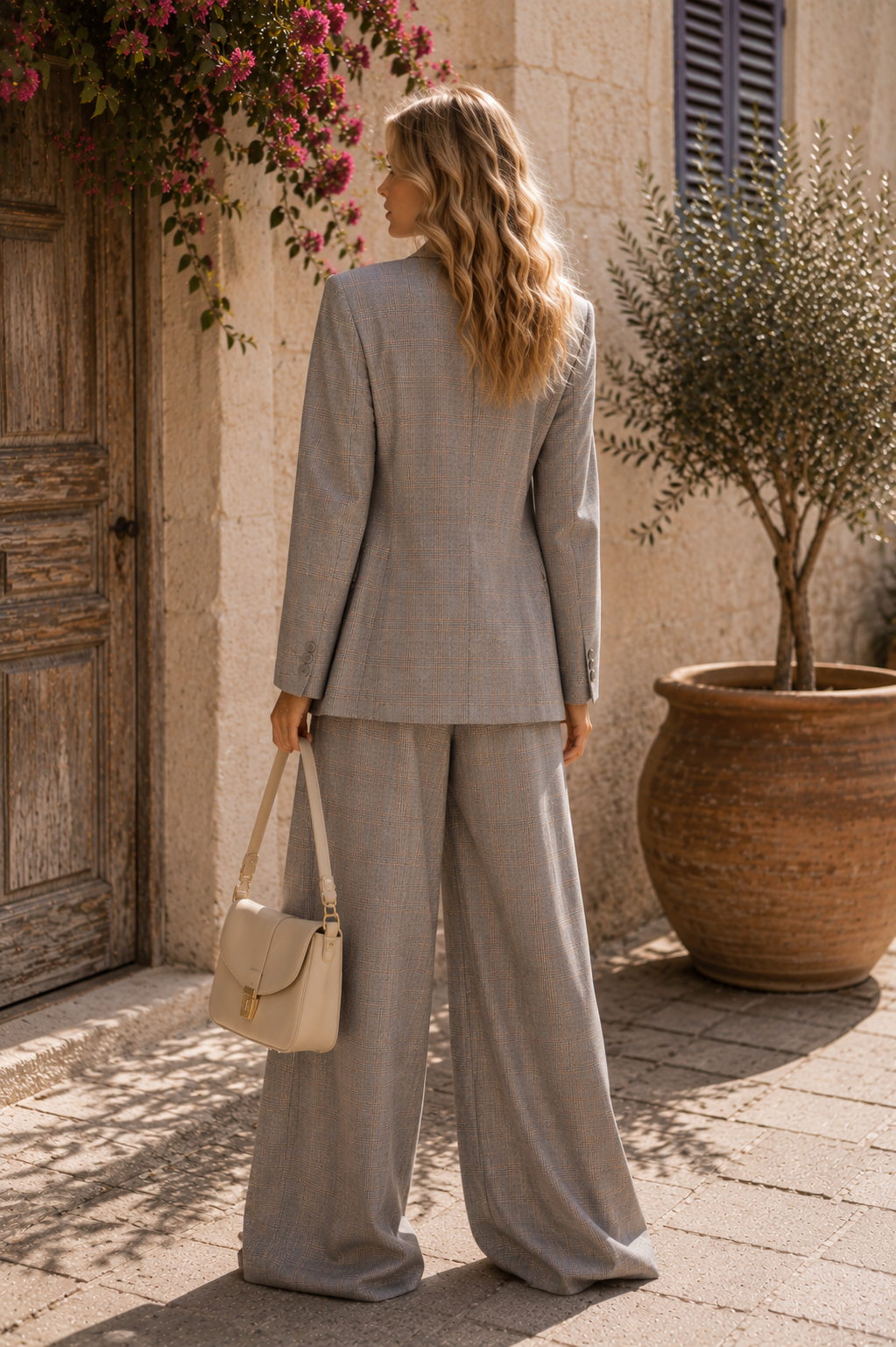 Grey Check Oversized Blazer & Wide-Leg Trousers Set